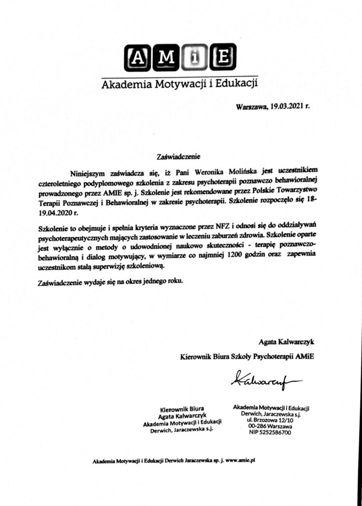 Weronika Molińska zaświadczenie, 12 edycja-11