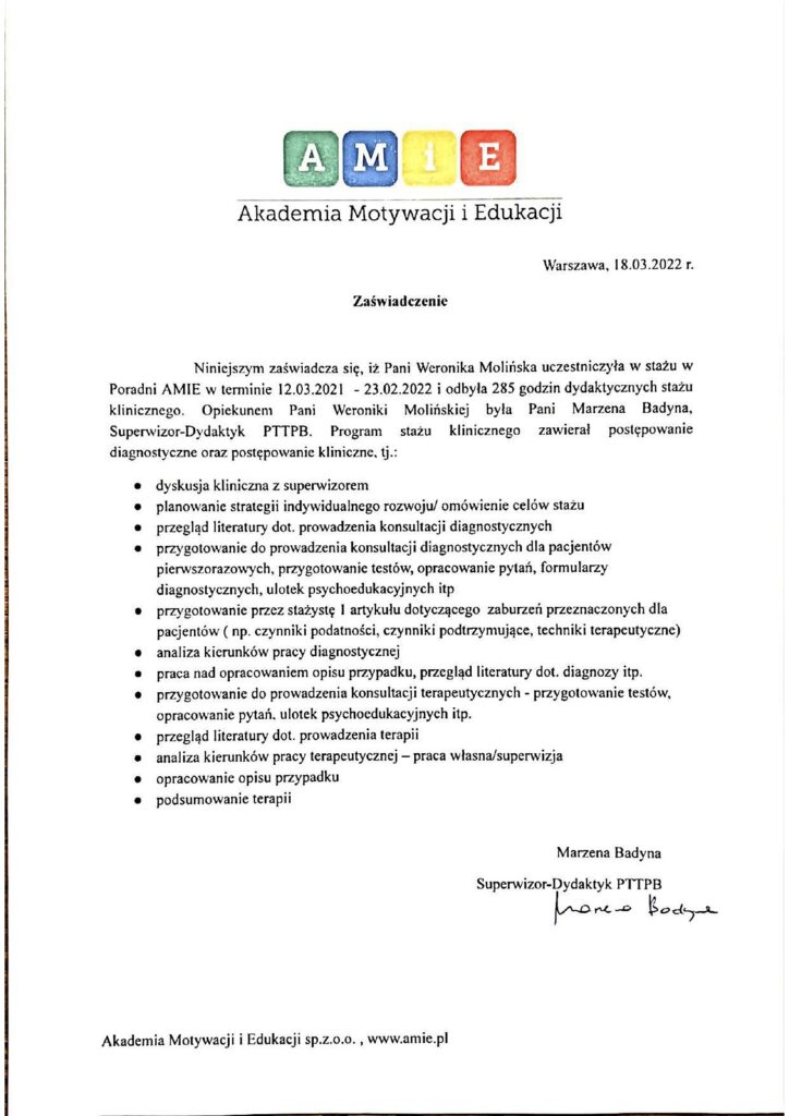 Zaświadczenie o ukończeniu stażu Weronika Molińska-11